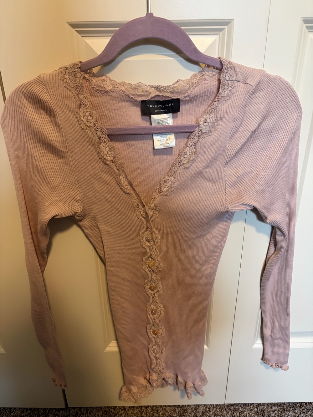 Rosemunde Dusty Pink Lace-Trim Ribbed Cardigan